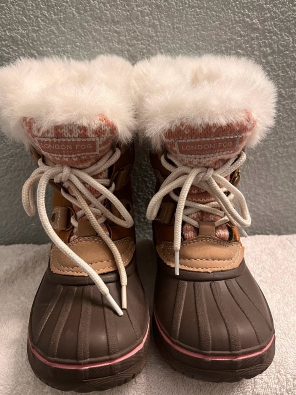 London fog toddler Brown Winter Duck Boots with Pink Knit Cuff and Faux-Fur Trim - Picture 8 of 12